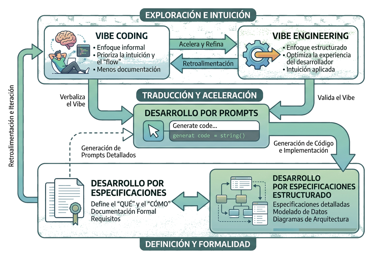 Flujo de desarrollo asistido por IA: vibe coding, prompts y especificaciones