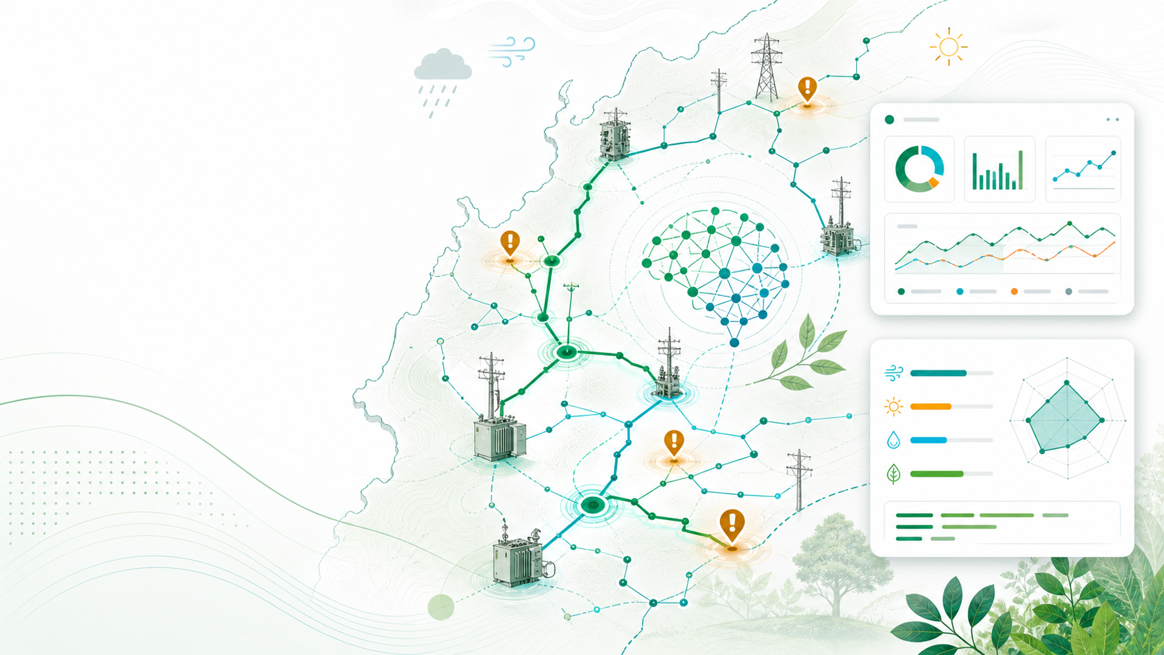 Red eléctrica abstracta con nodos de IA, señales climáticas, vegetación y paneles de analítica